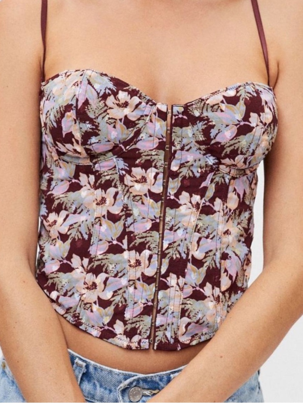 Out from under urban outfitters Maroon red floral corset lace up top size S